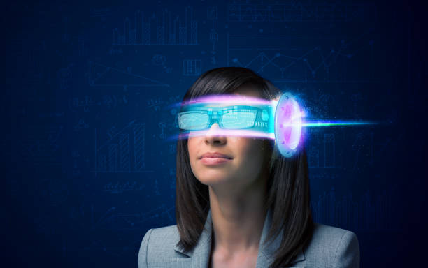 istock Woman from future with high tech smartphone glasses 988290766