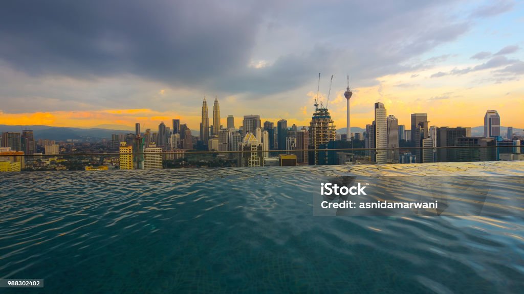 Evening Kuala Lumpur view from infinity pool . Evening Kuala Lumpur view from infinity pool Tower Stock Photo