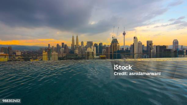 Evening Kuala Lumpur View From Infinity Pool Stock Photo - Download Image Now - Tower, Twin, City