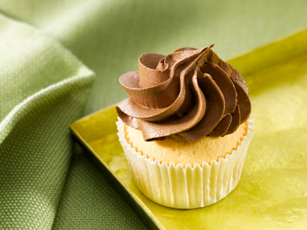 Cup cake with a chocolate swirl on a green plate stock photo