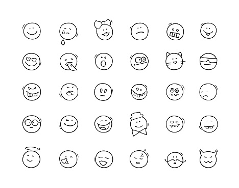 Cartoon icons set with smiles. Doodle emoji signs isolated on white. Hand drawn vector illustration for communication design.