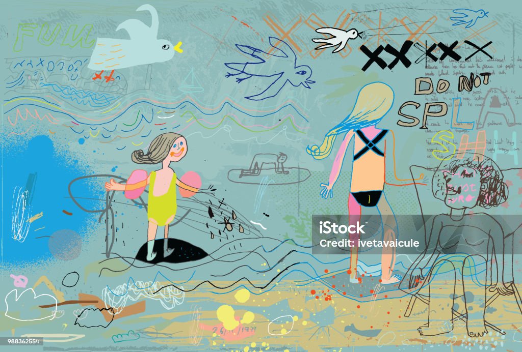 People on the beach having fun Hand drawn scene on a beach. "Don't splash" concept Child stock vector