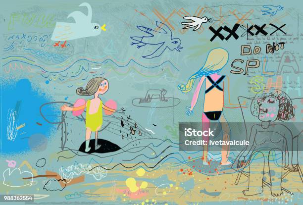 People On The Beach Having Fun Stock Illustration - Download Image Now - Child, Drawing - Art Product, Illustration