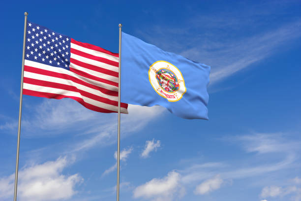 istock USA and Minnesota flags over blue sky background. 3D illustration 988367716
