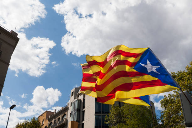 istock Senyera -Catalan separatists flag near Arc de triump 988405412