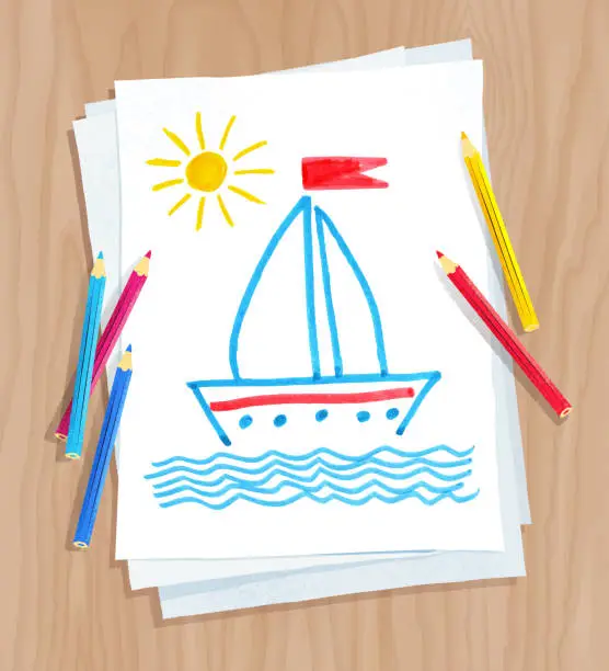 Vector illustration of Child drawing of ship and see waves