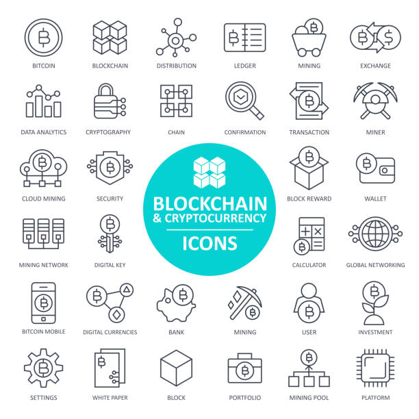stockillustraties, clipart, cartoons en iconen met blockchain cryptocurrency bitcoin icon set - dunne lijn - bouwplatform