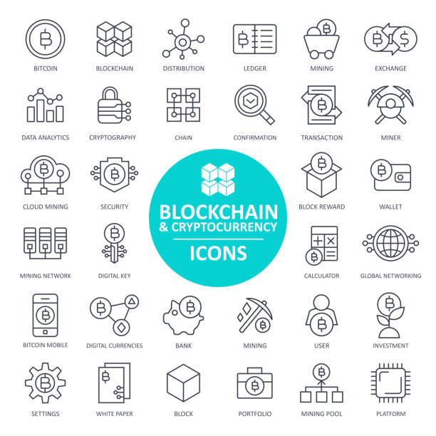 ilustrações de stock, clip art, desenhos animados e ícones de blockchain cryptocurrency bitcoin icon set - thin line - construction platform