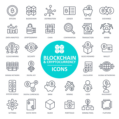 Blockchain Cryptocurrency Bitcoin Icon Set - Thin Line