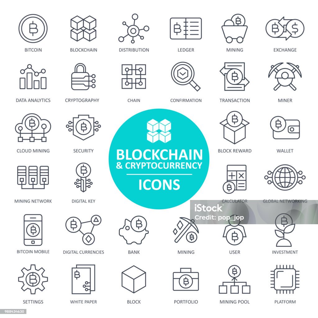 Blockchain Cryptocurrency Bitcoin Icon Set - Thin Line Icon Symbol stock vector