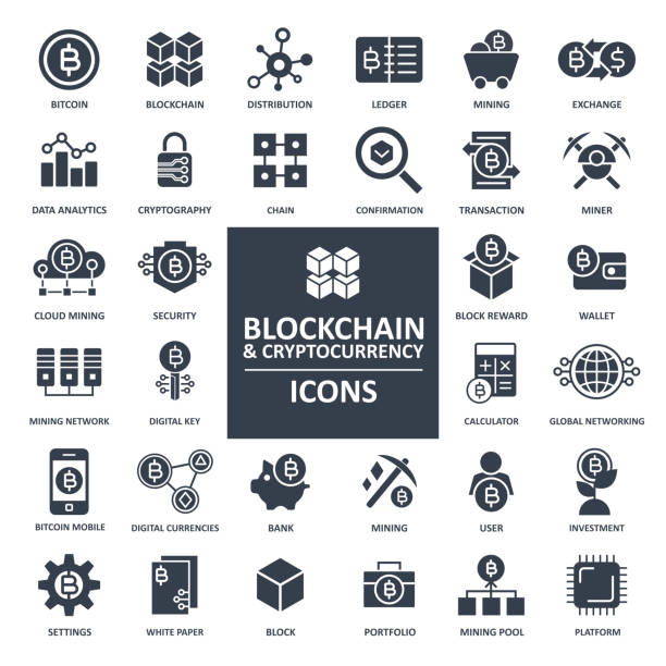 ilustraciones, imágenes clip art, dibujos animados e iconos de stock de conjunto de icono de bitcoin blockchain cryptocurrency - libro mayor