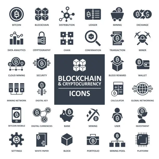 Vector illustration of Blockchain Cryptocurrency Bitcoin Icon Set