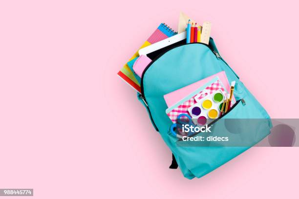 Full School Backpack Isolated On Pink Background Stock Photo - Download Image Now - Backpack, School Supplies, Education