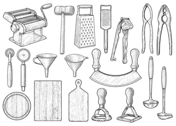 Kitchen equipment, utensil, accessories illustration, drawing, engraving, ink, line art, vector Illustration, what made by ink and pencil on paper, then it was digitalized. drawing of hand tool stock illustrations