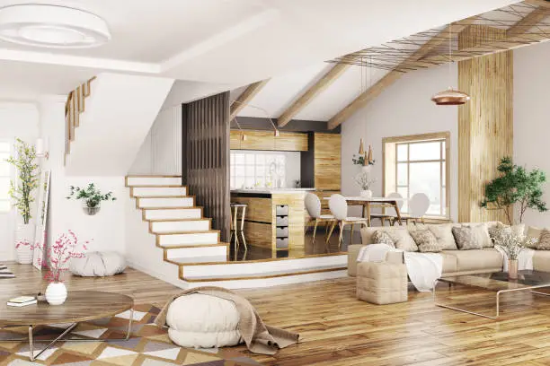 Photo of Interior of modern house 3d rendering