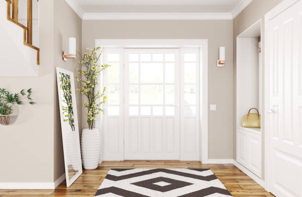 sala moderna representación 3d interior - alfombra entrada fotografías e imágenes de stock