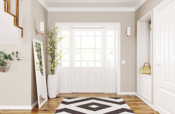 Interior of modern hall 3d rendering Interior design of modern hallway with doors and staircase 3d rendering building entrance stock pictures, royalty-free photos & images