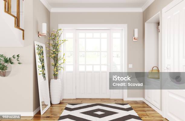 Interior Of Modern Hall 3d Rendering Stock Photo - Download Image Now - Entrance Hall, Building Entrance, Corridor