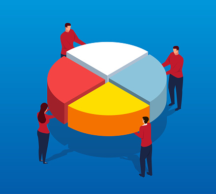 Four businessmen patching pie chart