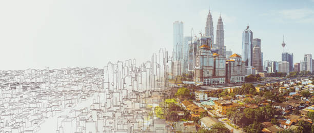 sketch and real mix urban cityscape scene - building development imagens e fotografias de stock