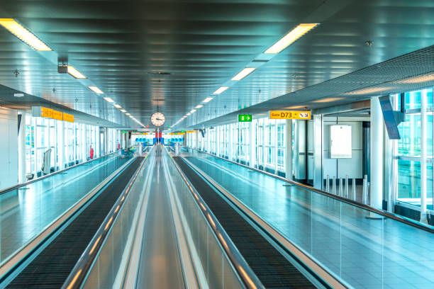 A moving sidewalk in the Schiphol Airport Building in Amsterdam.