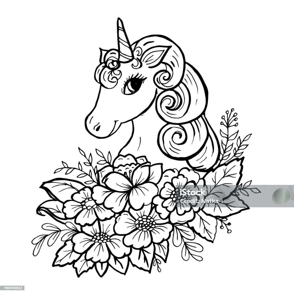 Doodle cute unicorn head Doodle cute unicorn head in colors black on white Unicorn stock vector