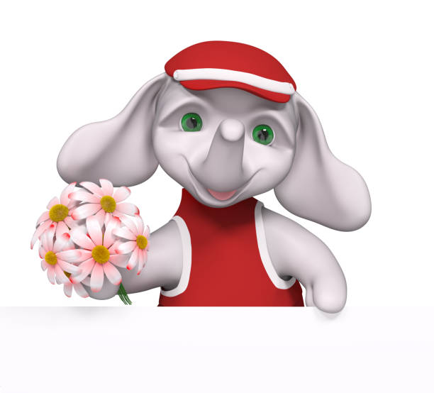 istock Funny little elephant character holding flowers in hands 3d rendering 988500740