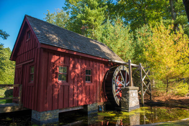 old wooden water mill by a pond - babcock state park imagens e fotografias de stock