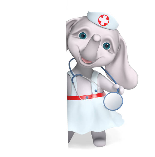 istock Cartoon nurse elephant character behind poster, holding stethoscope 3d rendering 988500786