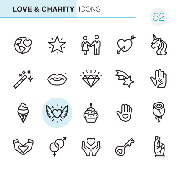 Love & Charity - Pixel Perfect icons 20 Outline Style - Black line - Pixel Perfect icons / Set #52 Love & Charity /
Icons are designed in 48x48pх square, outline stroke 2px.

First row of outline icons contains: 
Globe with Heart,  Sparkling Star, Couple holding hands, Heart with Arrow, Unicorn icon;

Second row contains: 
Magic Wand, Human Lips, Diamond-Gemstone, Falling Star, Human hand holding child's hand ;

Third row contains: 
Ice Cream Cone, Flying Heart (Wings and Heart), Candle in Cupcake,  Hand with heart ( Volunteer), Rose-Flower; 

Fourth row contains: 
Hands cupped in Heart Shape, Male and Female sex symbols, Heart Protection, Key, Fingers Crossed.

Complete Primico collection - https://www.istockphoto.com/collaboration/boards/NQPVdXl6m0W6Zy5mWYkSyw fingers crossed illustrations stock illustrations