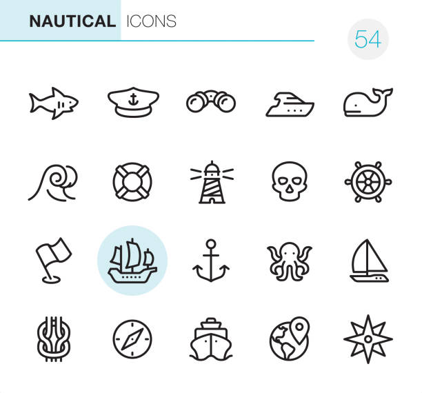 Nautical - Pixel Perfect icons 20 Outline Style - Black line - Pixel Perfect icons / Nautical Set #54 /
Icons are designed in 48x48pх square, outline stroke 2px.

First row of outline icons contains: 
Shark icon, Boat Captain Hat, Binoculars, Yacht, Whale;

Second row contains: 
Wave, Buoy, Lighthouse, Skull, Rudder;

Third row contains: 
Flag icon, Sailing Ship, Anchor-Vessel Part, Octopus, Sailboat; 

Fourth row contains: 
Reef Knot, Navigational Compass, Cruise Ship, World Map (Location), Compass Rose.

Complete Primico collection - https://www.istockphoto.com/collaboration/boards/NQPVdXl6m0W6Zy5mWYkSyw passenger ship stock illustrations