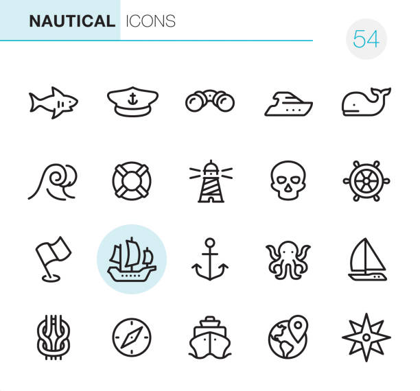 Nautical - Pixel Perfect icons 20 Outline Style - Black line - Pixel Perfect icons / Nautical Set #54 /
Icons are designed in 48x48pх square, outline stroke 2px.
First row of outline icons contains:
Shark icon, Boat Captain Hat, Binoculars, Yacht, Whale;
Second row contains:
Wave, Buoy, Lighthouse, Skull, Rudder;
Third row contains:
Flag icon, Sailing Ship, Anchor-Vessel Part, Octopus, Sailboat;
Fourth row contains:
Reef Knot, Navigational Compass, Cruise Ship, World Map (Location), Compass Rose.
Complete Primico collection - https://www.istockphoto.com/collaboration/boards/NQPVdXl6m0W6Zy5mWYkSyw anchor free pic stock illustrations