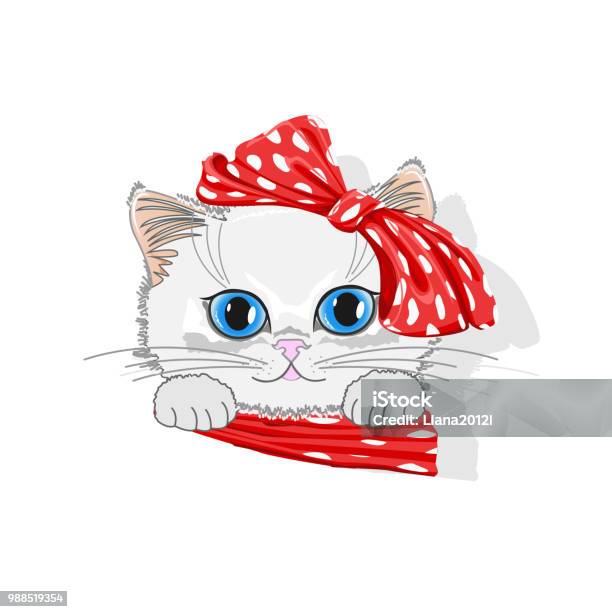 Kucing Lucu Bertopi Dengan Busur Ilustrasi Stok - Unduh Gambar Sekarang