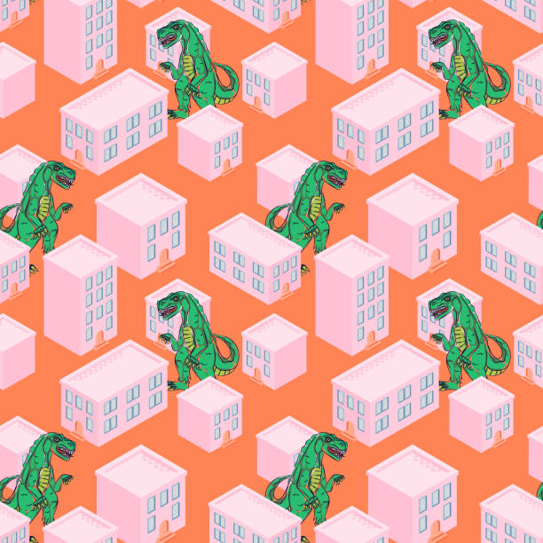 ピンク街シームレス パターンで恐竜モンスター - architectural background video点のイラスト素材／クリップアート素材／マンガ素材／アイコン素材