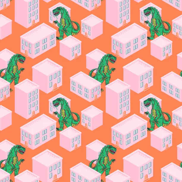 Vector illustration of Dino monster in a pink city seamless vector pattern