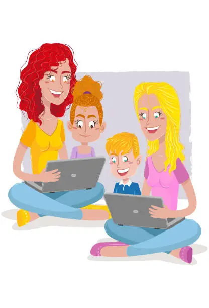 Vector illustration of Lesbian couple with their children