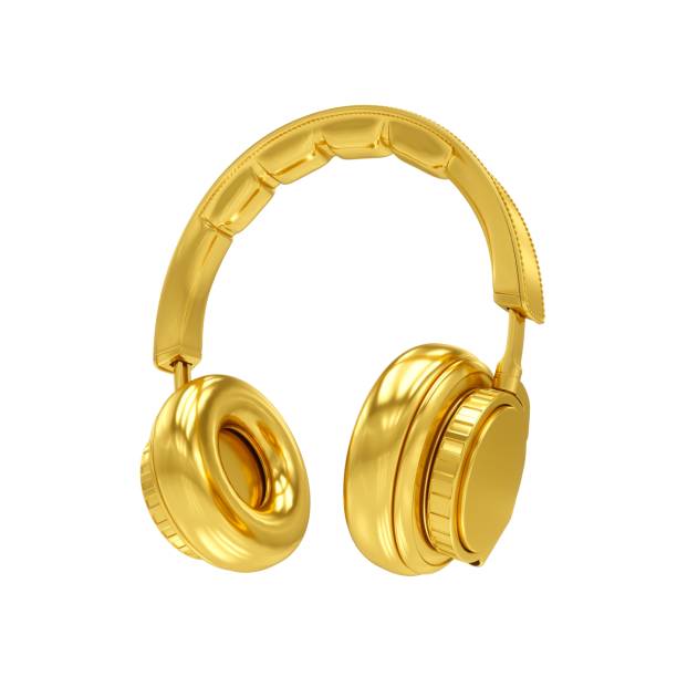 istock 3D Rendering Golden headphones isolated on white background 988546106