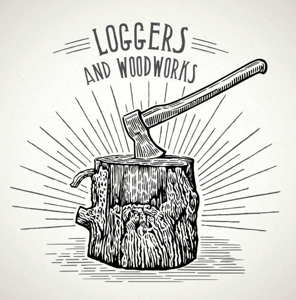 Ax stuck in a wooden stump Ax stuck in a wooden stump illustration in a graphic style axe stump stock illustrations