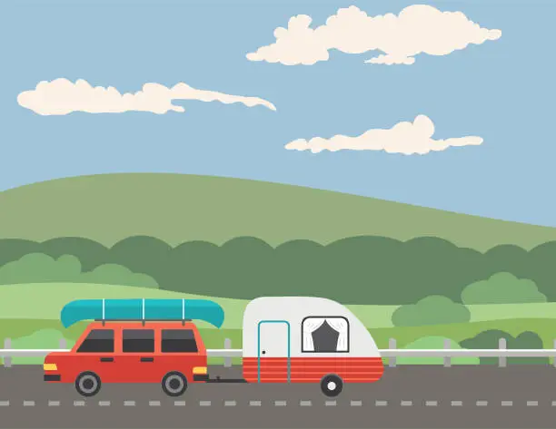 Vector illustration of Vacationer Driving On A Road Through the Mountains