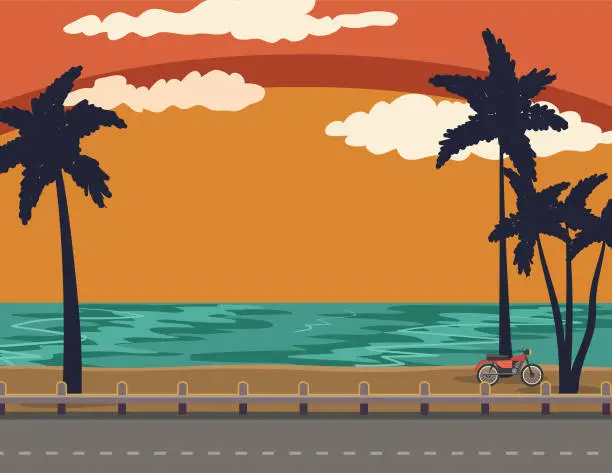 Vector illustration of Sunset Landscape By The Beach With palm Trees And Sand