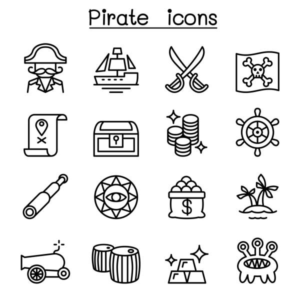 ilustraciones, imágenes clip art, dibujos animados e iconos de stock de icono de pirata en estilo de línea fina - antiquities