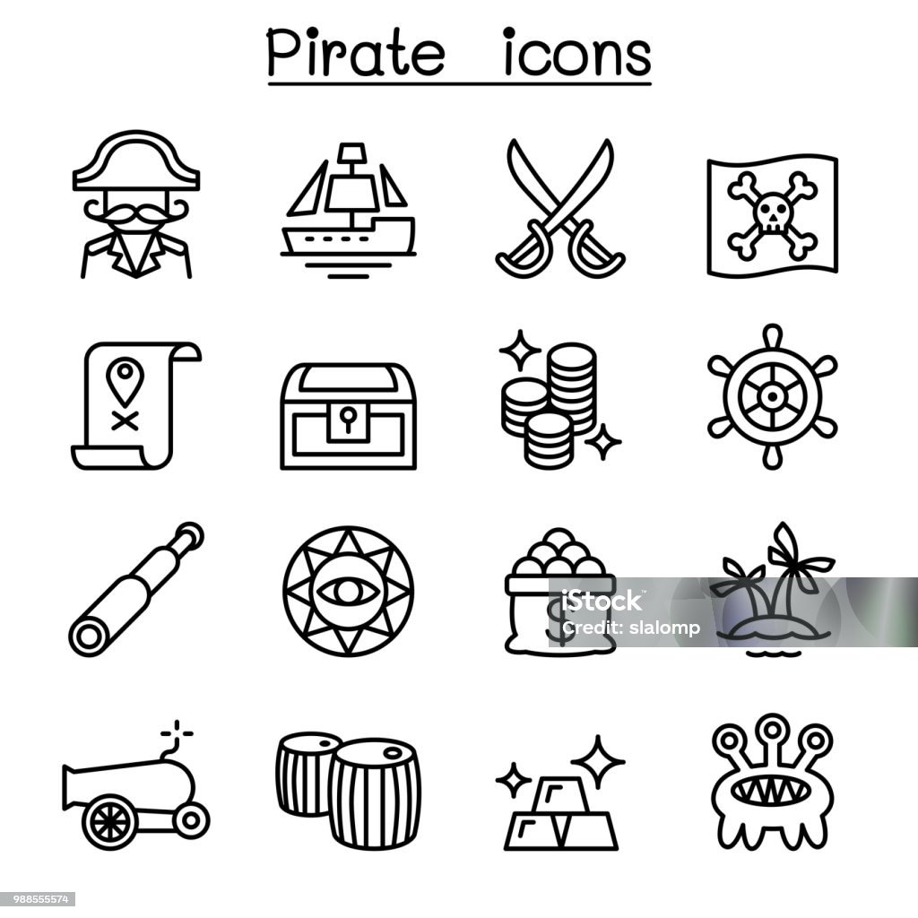 Pirate icon set in thin line style Treasure Chest stock vector