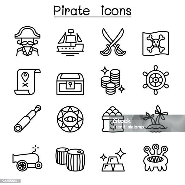 Pirate Icon Set In Thin Line Style Stock Illustration - Download Image Now - Treasure Chest, Icon Symbol, Antiquities