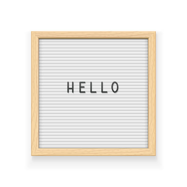 White letter board White letter board with inscription Hello. Letterboard for note. Plate for message. Office stationery. Wooden frame. Isolated white background. EPS10 vector illustration. finger frame stock illustrations