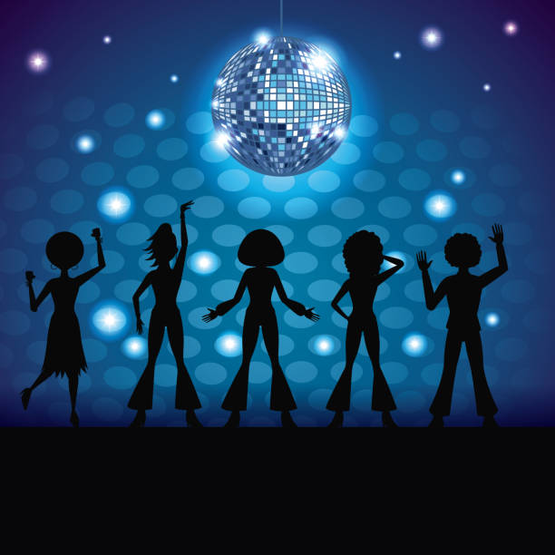 ilustraciones, imágenes clip art, dibujos animados e iconos de stock de gente bailando en la discoteca - disco ball 1970s style 1980s style nightclub