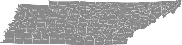 illustrations, cliparts, dessins animés et icônes de tennessee contour vector comté carte avec les noms de comtés marquée en fond gris - tennessee map nashville usa