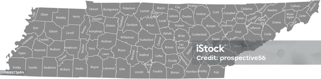 Tennessee county map vector outline with counties names labeled in gray background All counties have separate and accurate borders that can be selected and easily edited. Tennessee stock vector