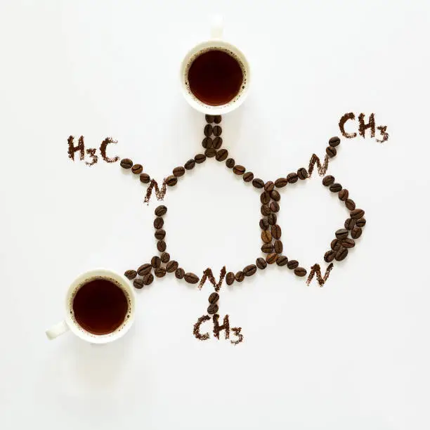 Photo of Chemical formula of Caffeine. Cups of espresso, beans and coffee powder. Art food. Top view.