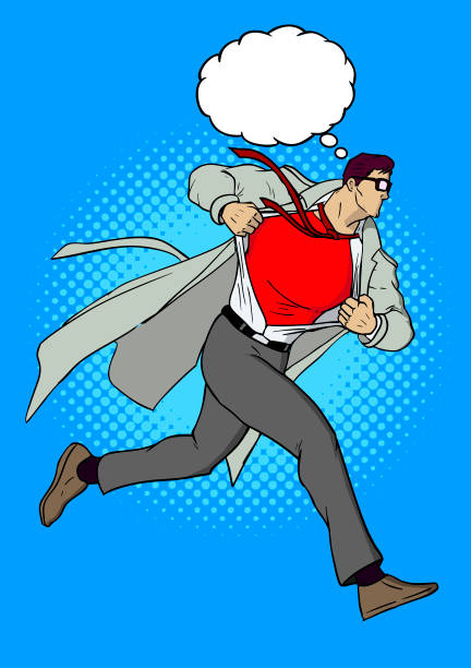 ilustraciones, imágenes clip art, dibujos animados e iconos de stock de vector retro comic book ejecutan hombre en la capa se transforma en superhéroe - change superhero necktie strength