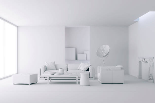 rendering 3d di splendidi interni puliti - white interior foto e immagini stock